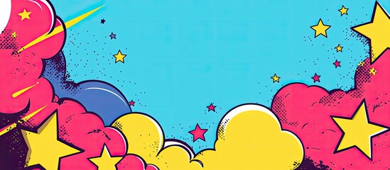 A vibrant comic-style background featuring colorful clouds and stars.