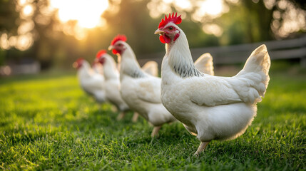 Fototapeta premium A white chicken with a red beak stands in a field of grass. The sun is setting in the background, casting a warm glow over the scene