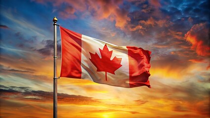 Canadian flag waving at sunset, dramatic sky, national pride and patriotism