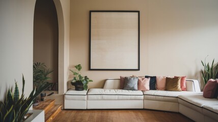 Cozy white corner sofa with multicolored pillows near beige wall with art frame. Minimalist interior design of modern living room.