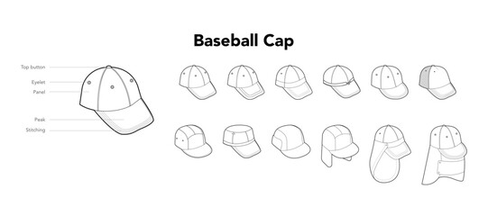 Set of Baseball Caps - Dad Hip-Hop Outdoor, Skate Sahara Flap Bandana Flap, Jockey Fitted Field Army, Camper Hat. Fashion accessory technical illustration. Vector for Men, women, unisex style flat CAD