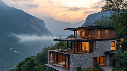 Geometric cube house with stone-textured walls, upper-floor balcony wrapping around the structure, with views of a misty mountain range in the background