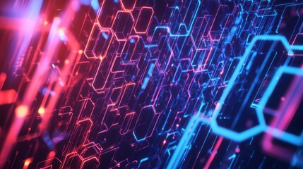 An abstract, futuristic pattern of rotating hexagons and lines, creating a digital, high-tech aesthetic with dynamic motion and bold colors