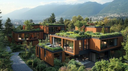 Innovative cube home design, modular wooden panels, rooftop gardens flourishing with plants, set against a serene mountain backdrop