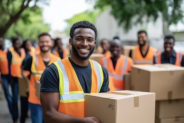 Young African American man wearing safety vest carrying a box, smiling with a group in the background.