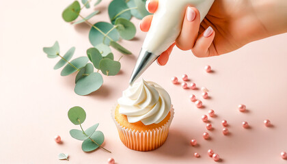 Hand piping cream onto a doughnut surrounded by decorative pearls and greenery on a pink surface.