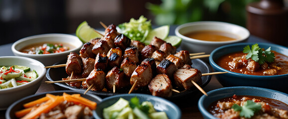 A sizzling plate of grilled pork skewers with dipping sauces on the side, grilled pork skewers, Thai street food