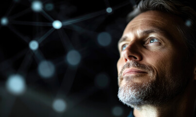 Corporate Executive with Holographic Global Data Flow Networks on a Sleek Black Background