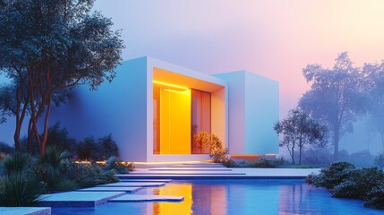 Minimalist cube home with bold yellow door, surrounded by geometric stone paths, evening glow, cool tones, futuristic architecture, 3D rendering, sharp details