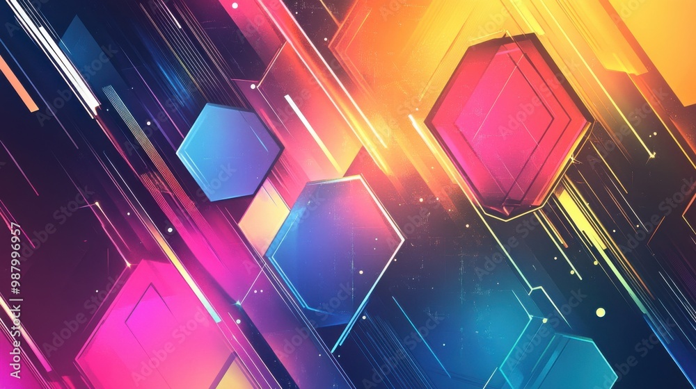 Poster a modern abstract banner with colorful hexagons and intersecting lines, forming a layered, dynamic b