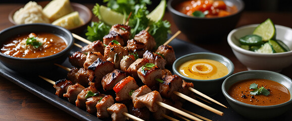 A sizzling plate of grilled pork skewers with dipping sauces on the side, grilled pork skewers, Thai street food