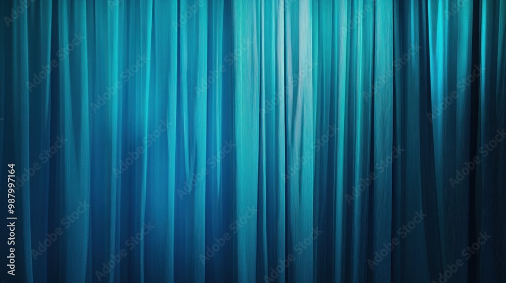 Poster a modern stage backdrop with gradient curtains that transition from deep blue to bright teal, adding
