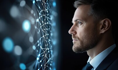 Corporate Executive with Holographic Global Data Flow Networks on a Sleek Black Background