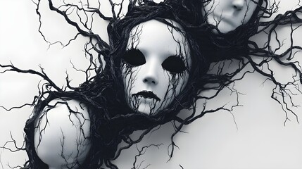 Creepy twisted branches wrapped around Halloween party masks, dark illustration, haunting yet captivating, isolated on white background