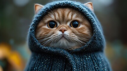 A cute cat wearing a cozy, sparkly hoodie, gazing curiously.