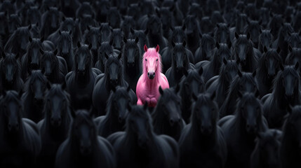 Obraz premium A striking image of massive herd of white horses, with one pink horse standing out among them.