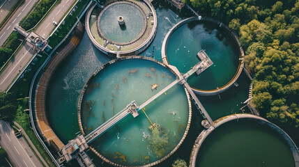 City wastewater treatment facility with circular tanks and green surroundings