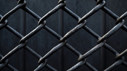 Fototapeta premium Close-up of a black chain-link fence with a dark background.