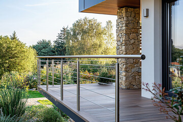 modern balustrade features thin metal posts and wooden rail, enhancing visibility and style
