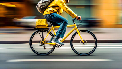 Fototapeta premium Person courier in bright yellow jacket on a bicycle with a backpack fast, harry moves. Wall background in the city buildings in motion blur. Concept of express delivery services. Close up