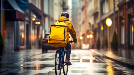 Delivery man on a bicycle with a yellow bag moves along the rainy street of the city, delivery services. Eco-friendly transport, bicycle courier, male on a bicycle on the road. Back view. Copy space