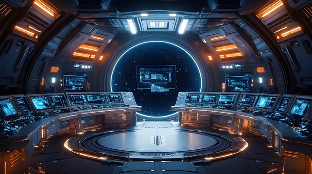 A spaceship bridge with a circular arrangement of control stations, each surrounded by holographic dashboards displaying vital systems, softly lit by ambient starlight.