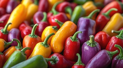 A vibrant assortment of colorful mini peppers arranged together.