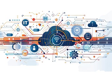 Obraz premium A digital illustration of cloud computing with interconnected technology elements.