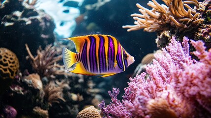 A vibrant fish swimming among colorful coral in a clear underwater scene.