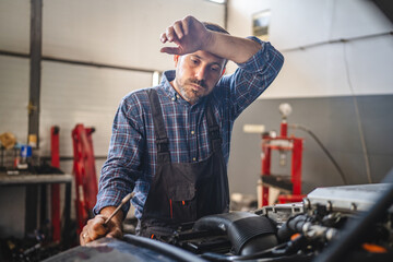 Car mechanic exhausted, rest on car hood after long work hours