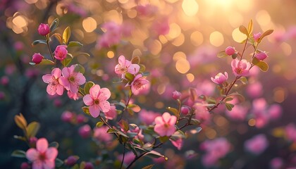 Serene Morning Wildflower Garden with Bokeh and Soft Focus in Shades of Pink