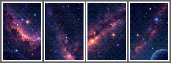 Set of pixelated posters with futuristic deep space scene in pixel art style with dithering effect. Retro space background for vintage cover, flyer, magazine or banner. Vector 8-bit illustration © 3d_kot