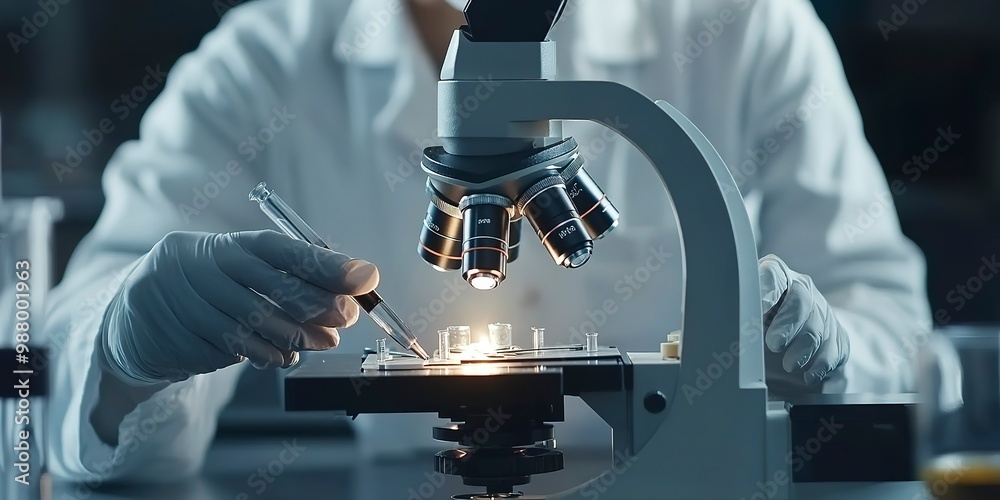 Poster Scientist working with microscope in laboratory, closeup. Science, chemistry, biology, medicine and people concept 