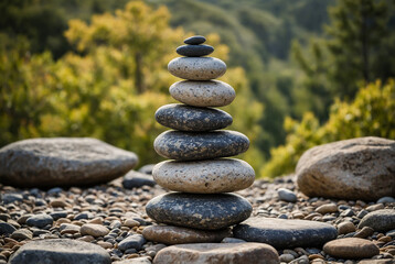 Stacked stones form a balanced tower, representing stability