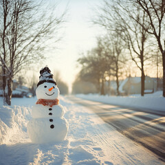 Obraz premium a snowman by the winter road