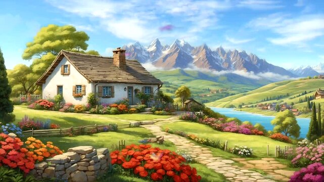 village in the mountains. 4k animation looping video