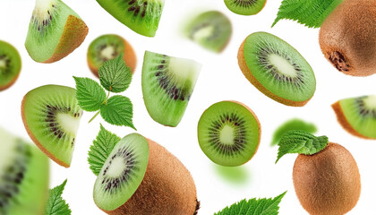 Fototapeta premium Flying juicy kiwi slices with leaves isolated on a white background