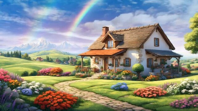 animated view of a house with a rainbow sky background