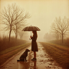 A woman in a dress walks her dog on a rainy day, holding an umbrella.