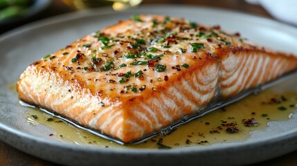 A beautifully cooked salmon fillet garnished with herbs and spices.