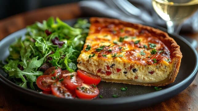 A slice of quiche served with a fresh salad and wine.