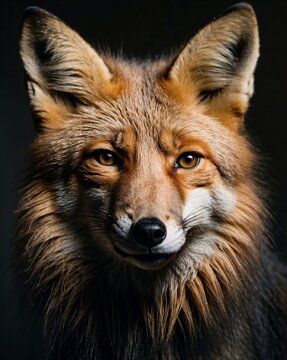 professional photo of fox in a dark room black background close up front view