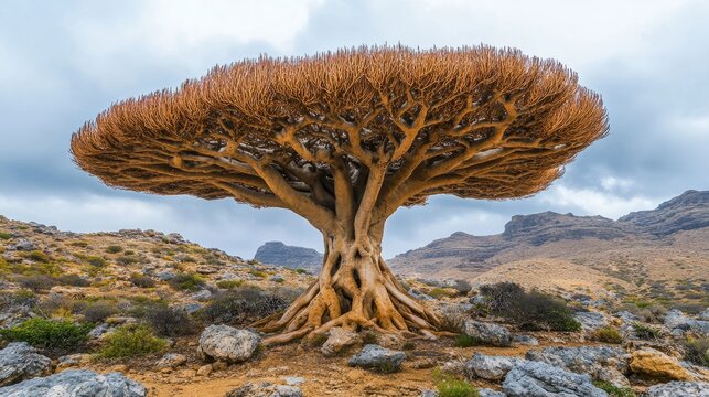 A mystical dragon blood tree on the island of Socotra, its unique umbrella shape and alien-like structure making it stand out in the desert.