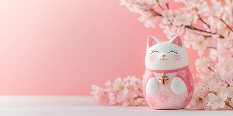 Spring Background with Sakura and Lucky Cat for Celebration | Seasonal Symbols and Cultural Tradition Concept