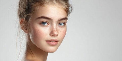 Naklejka premium Beautiful Woman with Healthy Skin on White Background | Skincare Beauty Routine, Fresh Natural Look | Beauty and Wellness Concept