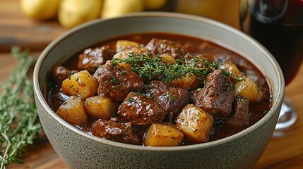 A hearty beef stew with potatoes and herbs in a bowl.