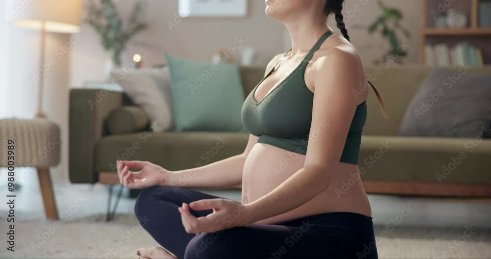 Wall mural Hands, pregnant woman and meditation for fitness on floor with yoga exercise, maternity balance and mindfulness. Female person, pregnancy and pilates training, peace wellness or relax muscle at house