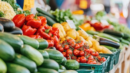 A farmers market scene with freshly harvested organic fruits and vegetables on display