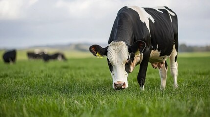 Organic dairy cows grazing on fresh green grass in a large open pasture