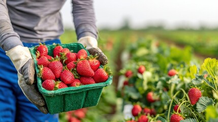 A farm worker hand-picking ripe organic strawberries from a vibrant strawberry patch